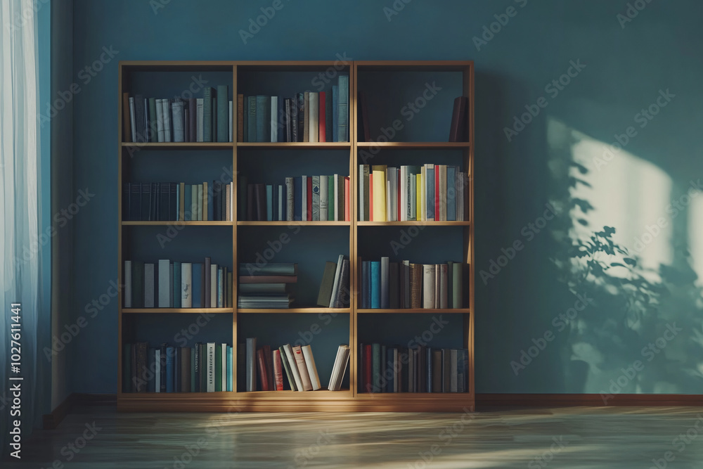Wooden Bookshelf with Books in a Modern Interior Wooden Bookshelf with Books in a Modern Interior