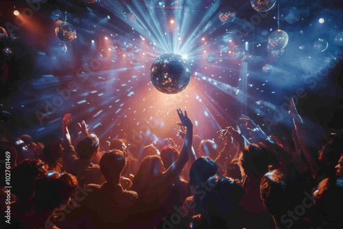 Crowd dancing under colorful lights at a lively party or concert photo