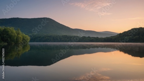 A tranquil sunrise at a small lake surrounded by lush green hills, with pastel pink and blue hues in the sky reflecting on the calm water. The serene atmosphere creates a perfect natural harmony