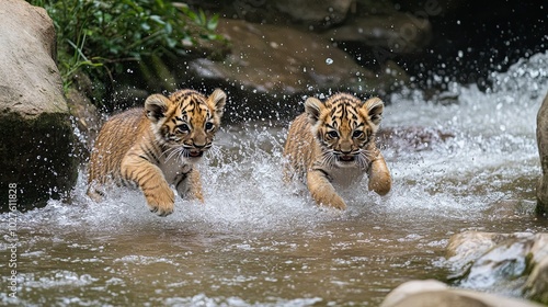 Two adorable tiger cubs playfully run through a shallow stream of water.