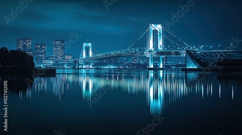 A brightly lit suspension bridge over a calm body of water with the city skyline in the background at night.