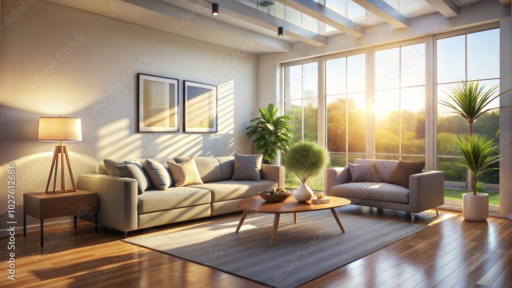 Fototapeta premium Cozy living room with sunlight streaming through large windows, plants, and modern decor.