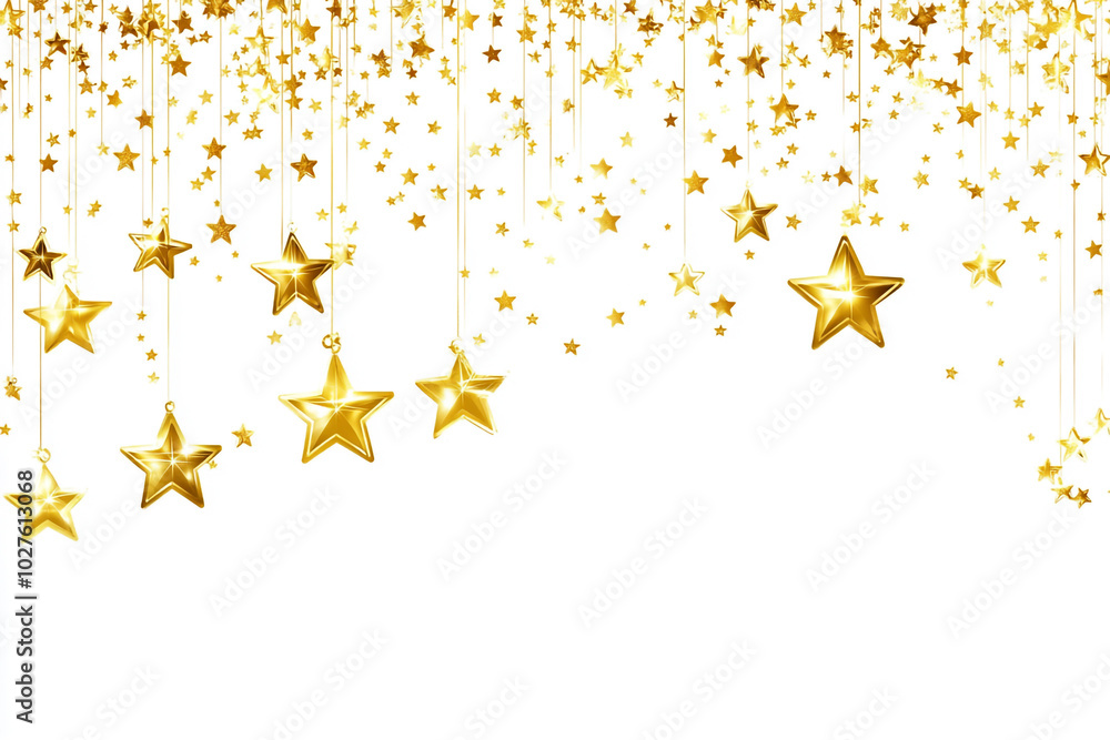 Starry background with golden stars hanging in the white space. Starry background with golden stars hanging in the white space.