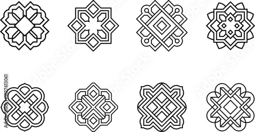 Eight Geometric Islamic Patterns Black Line Art