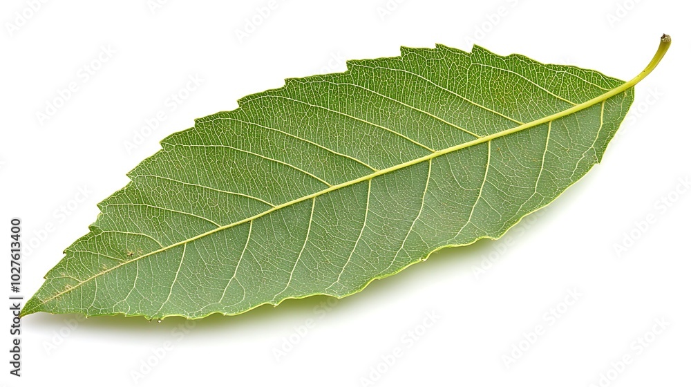Single green leaf with visible veins isolated on white background. Single green leaf with visible veins isolated on white background.
