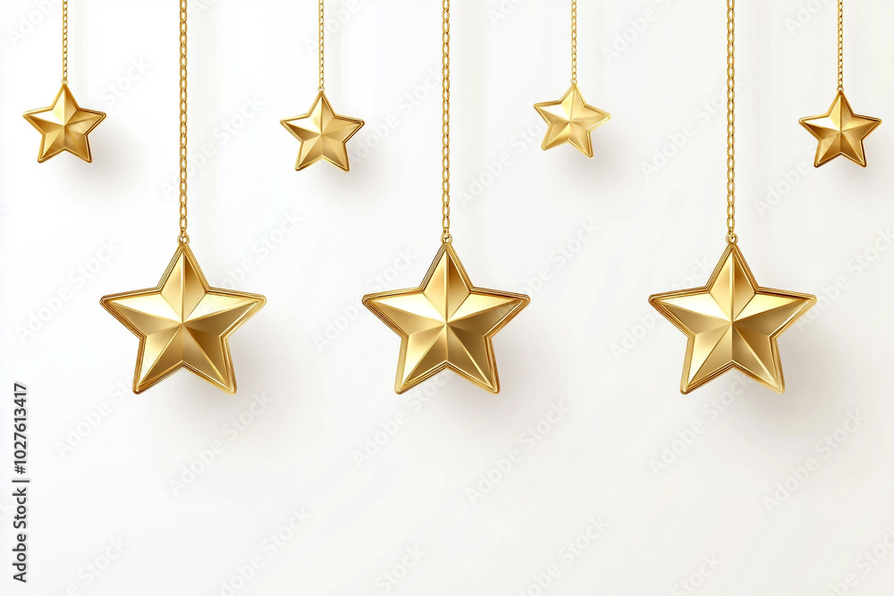 Starry background with golden stars hanging in the white space. Starry background with golden stars hanging in the white space.