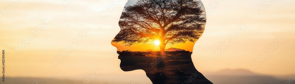Head silhouette blending with sunset landscape, tree and yellow sun close up, focus on, copy space warm light, Double exposure silhouette with reflective creativity