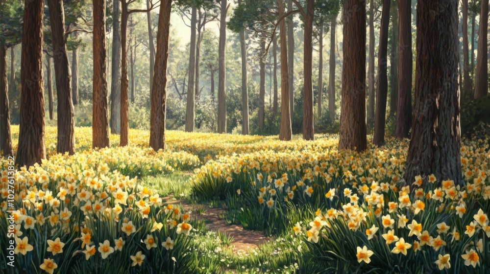 Obraz premium A Sun-Dappled Path Through A Forest of Daffodils