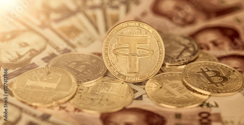 usdt between other coins on bank notes gold background