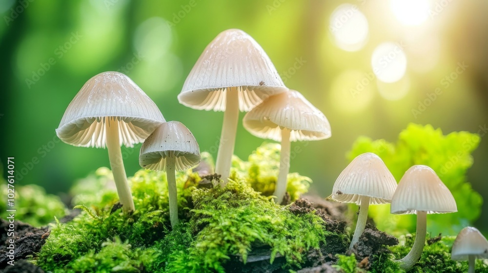 Delicate Mushrooms Growing in Lush Green Environment Delicate Mushrooms Growing in Lush Green Environment