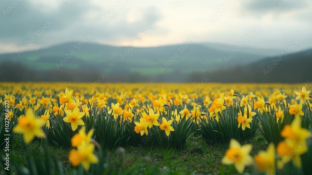 Fototapeta premium Yellow Daffodils Blooming in a Field with a Mountainous Background