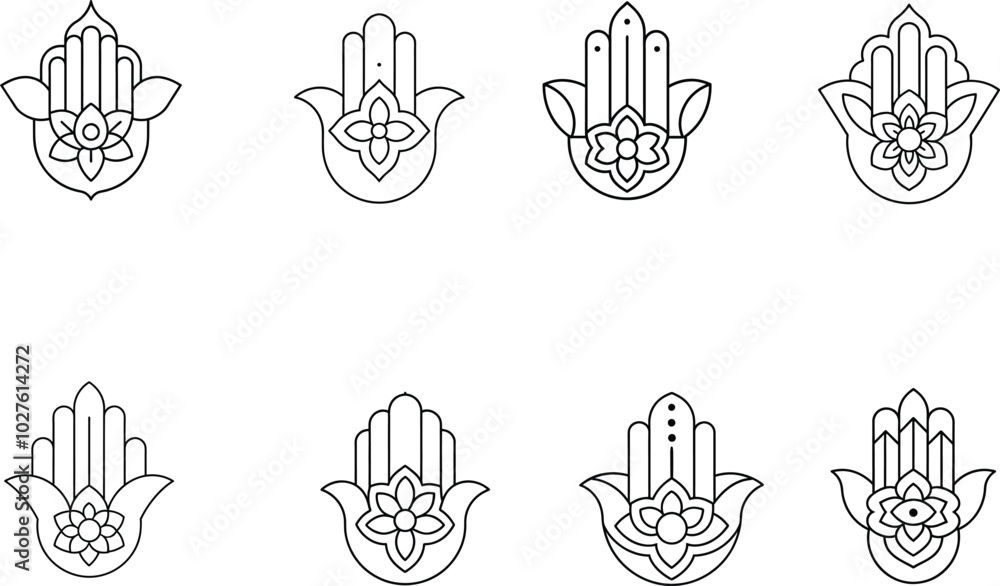 Fototapeta premium Hamsa Hand Outline Designs with Flower