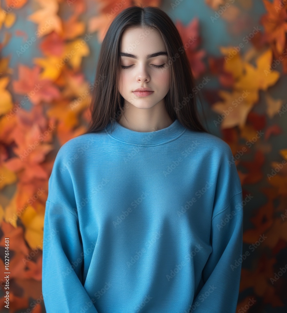 Portrait of a Young Woman with Autumn Leaves Capturing Serenity and Tranquility in Vibrant Colors