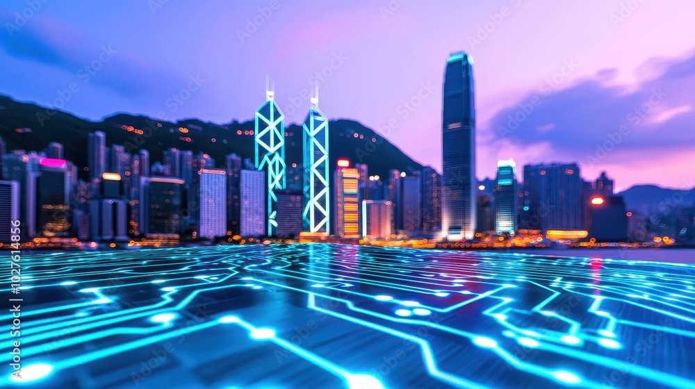 Fototapeta premium Futuristic city skyline with digital circuit patterns overlay, showcasing innovation and urban aesthetics.