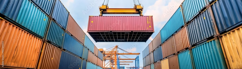 Obraz premium Cargo container being lifted by a crane in a bustling port, logistics and freight shipping concept, rows of containers, import-export industry, vibrant industrial scene