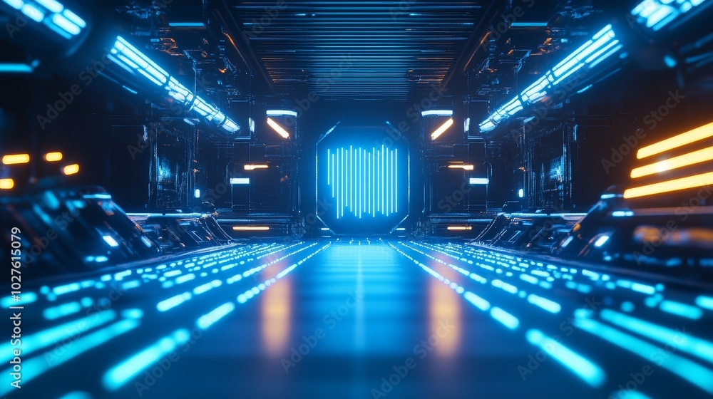 A futuristic corridor illuminated by blue and orange lights, leading to a glowing portal. A futuristic corridor illuminated by blue and orange lights, leading to a glowing portal.