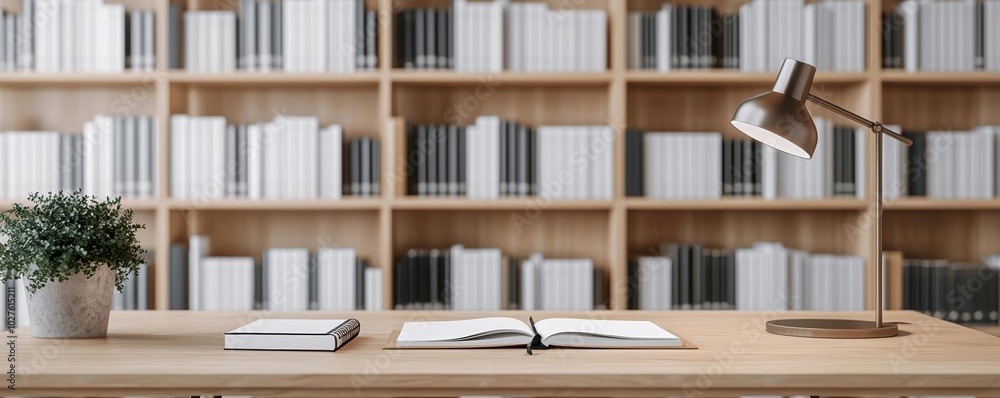 Cozy library setup with a writing desk, notebook, and floor lamps, surrounded by shelves of books, modern workspace, clean and quiet reading corner, minimalist interior Cozy library setup with a writing desk, notebook, and floor lamps, surrounded by shelves of books, modern workspace, clean and quiet reading corner, minimalist interior
