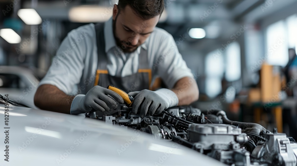 Professional car mechanic working on an engine in a well-lit modern workshop, white car in foreground, precise automotive repairs, back view, clean and organized space Professional car mechanic working on an engine in a well-lit modern workshop, white car in foreground, precise automotive repairs, back view, clean and organized space