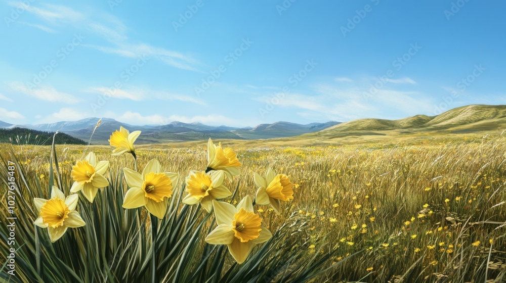 Obraz premium Yellow Daffodils Blooming in a Grassy Field with Rolling Hills in the Distance