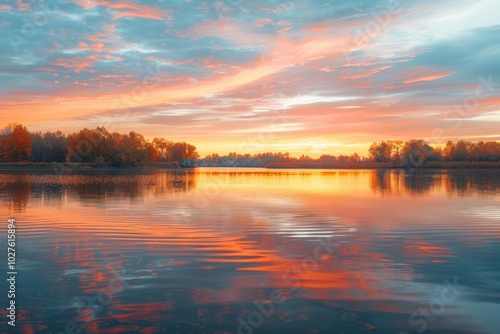 As the sun sets in autumn, bright hues fill the sky while reflections dance on the calm surface of the lake, creating a serene atmosphere. Generative AI