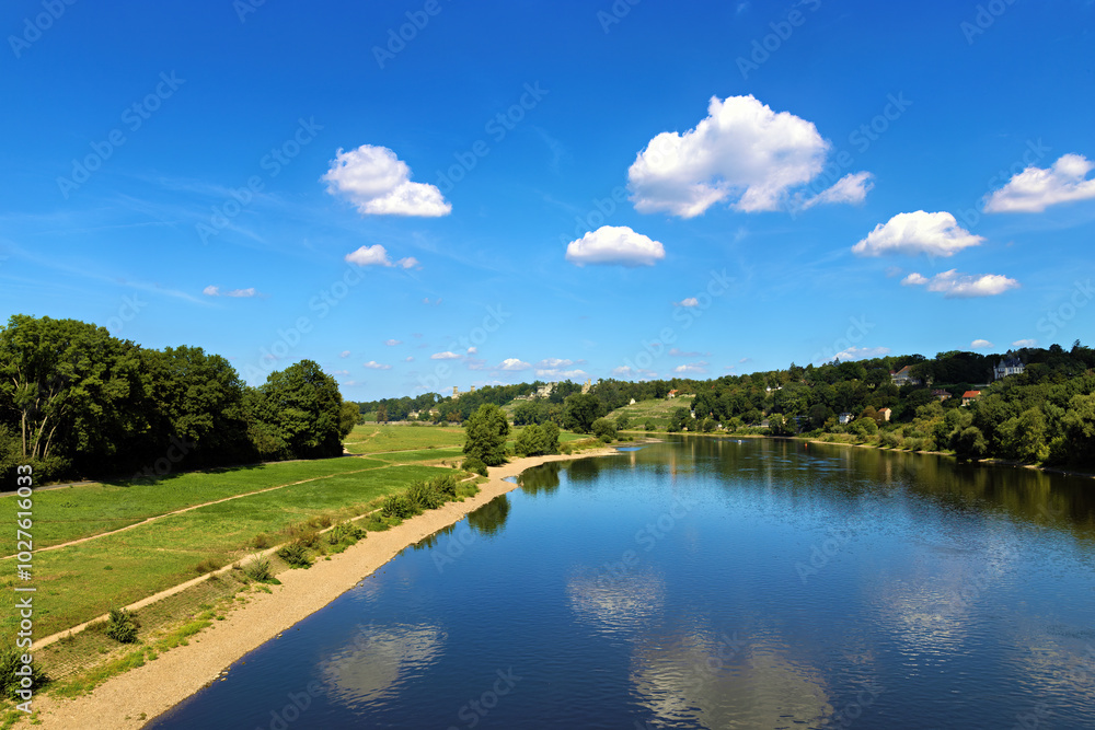 Fototapeta premium View from the ship over the Elbe towards Dresden in summer