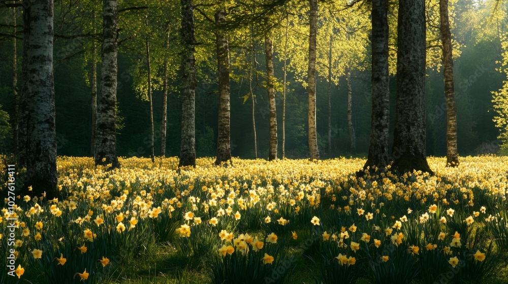 Obraz premium A field of daffodils blooming in a forest with sunbeams shining through the trees.