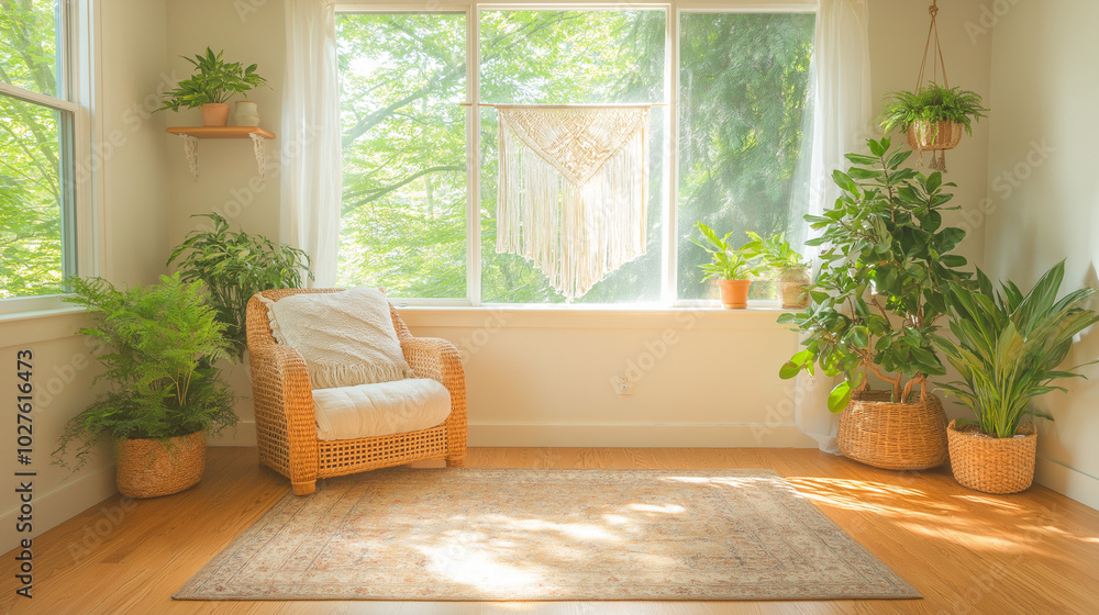 Tiny boho-style living room in a condo, wicker armchair, macrame wall hanging, indoor plants Tiny boho-style living room in a condo, wicker armchair, macrame wall hanging, indoor plants