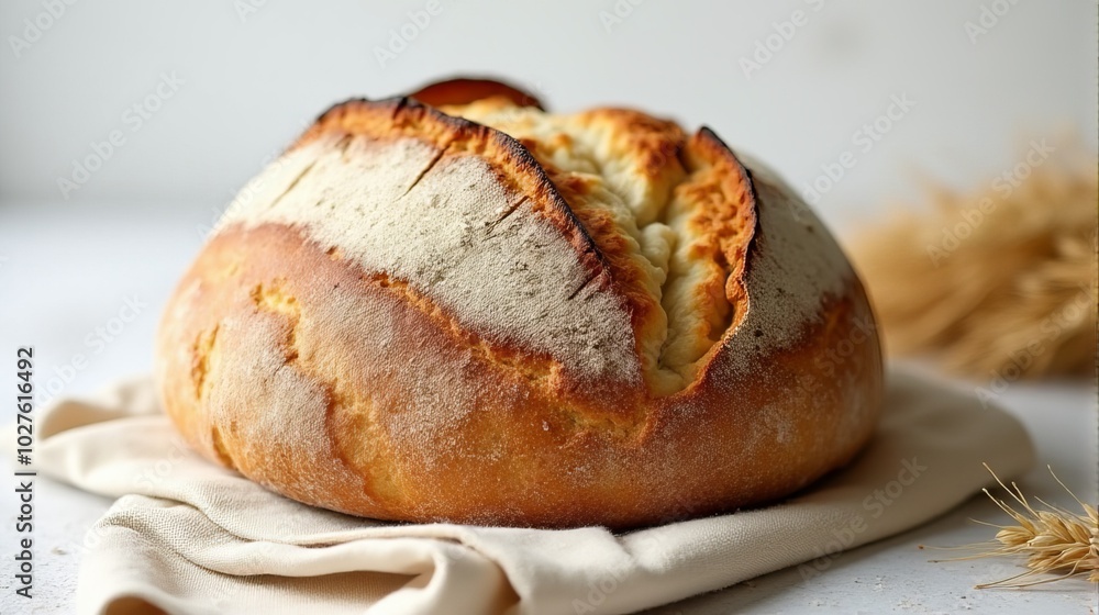 Freshly Baked Round Loaf of Sourdough Bread With a Golden Brown Crust, Detailed Scoring Patterns on the Top, Placed on a Beige Cloth Freshly Baked Round Loaf of Sourdough Bread With a Golden Brown Crust, Detailed Scoring Patterns on the Top, Placed on a Beige Cloth