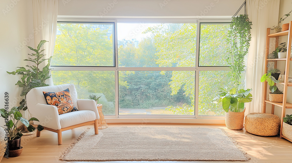 Fototapeta premium Tiny condo living room, boho style with armchair, colorful patterned cushions, woven rug