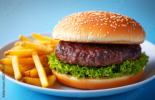 Extra large fresh and testy and a juicy Isolated beaf burger, meal with fries