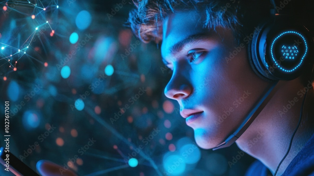 Virtual AI assistant on a mobile device, with a young man using it through headphones for hands-free interaction Virtual AI assistant on a mobile device, with a young man using it through headphones for hands-free interaction