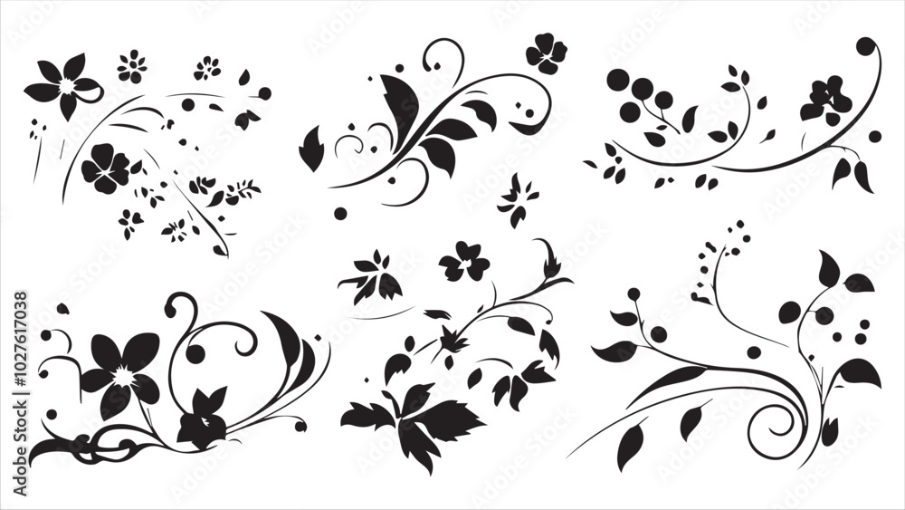 A set of simple black blue floral and swirling vector elements on a white background. A set of simple black blue floral and swirling vector elements on a white background.