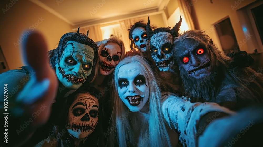 Friends Gathered in Living Room for Costume Fun Friends Gathered in Living Room for Costume Fun