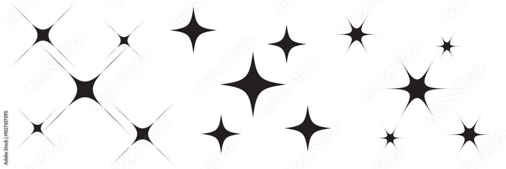 Fototapeta premium Retro futuristic bright vector icons collection. Set of original star sparkle shapes. Abstract shine effect vector sign. Glowing light effect, twinkle templates stars and bursts, shiny flash