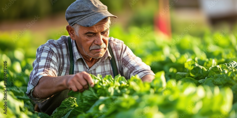 An elderly man wearing a cap and apron carefully tends to lush green crops in a sunlit field, depicting dedication and the essence of agriculture. An elderly man wearing a cap and apron carefully tends to lush green crops in a sunlit field, depicting dedication and the essence of agriculture.