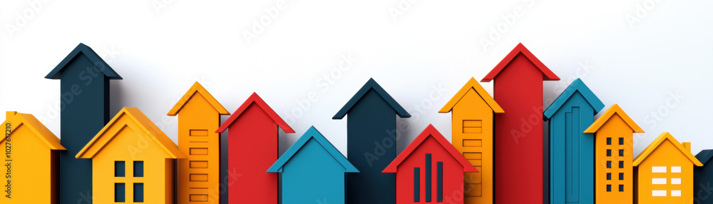 Fototapeta premium Colorful miniature houses arranged in a playful, vibrant style, white isolate background.