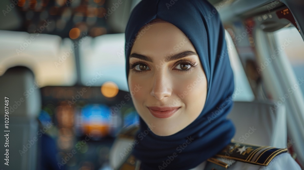 A female pilot in a hijab smiles confidently in the cockpit during a sunset flight, showcasing diversity. Generative AI A female pilot in a hijab smiles confidently in the cockpit during a sunset flight, showcasing diversity. Generative AI