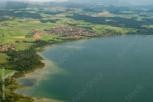 Chiemsee lake in Bavaria in Germany seen from a small plane