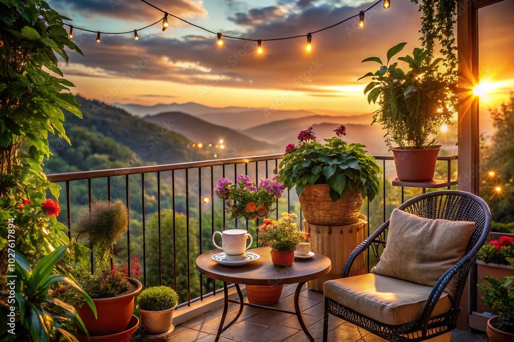 Obraz premium Evening Serenity on a Lush Balcony - Tranquil Nature Retreat with Relaxing Vibes