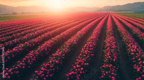 Fototapeta Naklejka Na Ścianę i Meble -  A field of pink peonies in full bloom at sunrise with mountains in the background