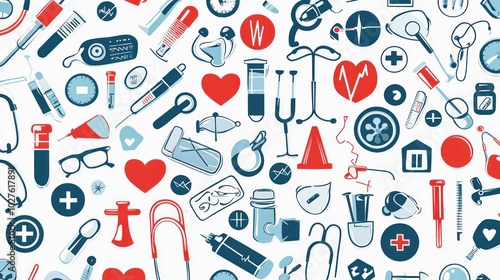 A seamless background filled with various medical equipment icons.