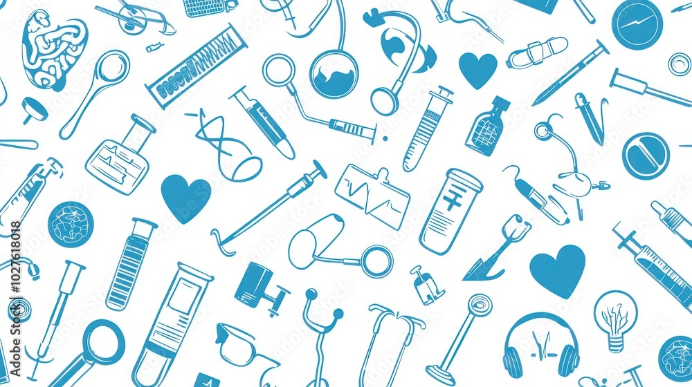 A seamless background filled with various medical equipment icons. A seamless background filled with various medical equipment icons.