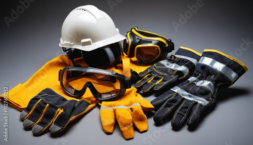Safety gear set for construction and industrial workers.
