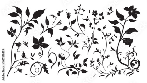 A set of simple black blue floral and swirling vector elements on a white background.