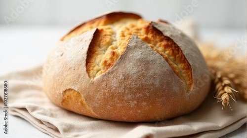 Freshly Baked Round Loaf of Sourdough Bread With a Golden Brown Crust, Detailed Scoring Patterns on the Top, Placed on a Beige Cloth