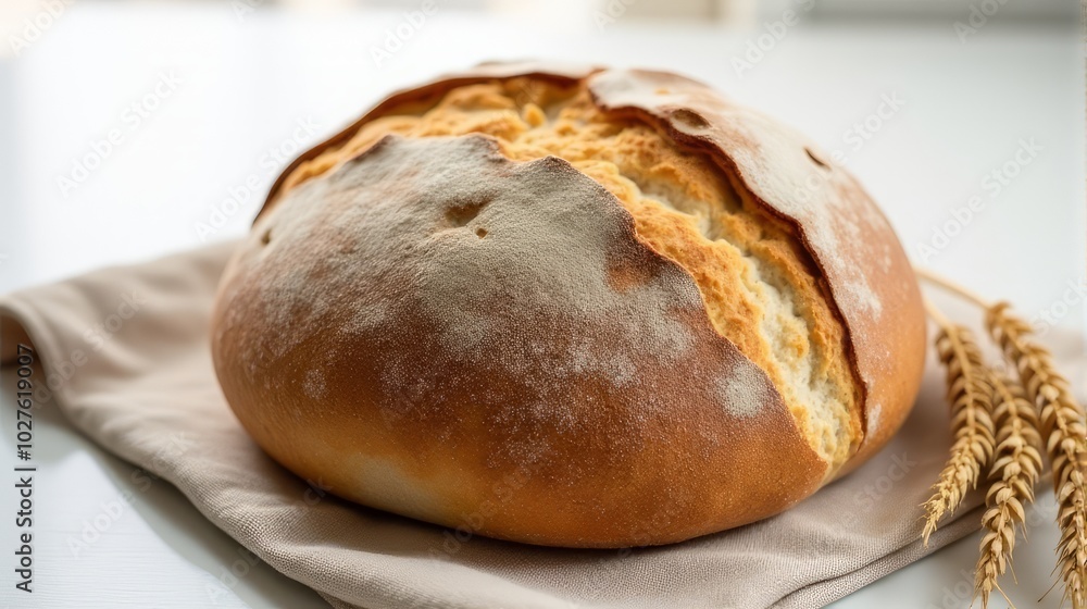 Freshly Baked Round Loaf of Sourdough Bread With a Golden Brown Crust, Detailed Scoring Patterns on the Top, Placed on a Beige Cloth Freshly Baked Round Loaf of Sourdough Bread With a Golden Brown Crust, Detailed Scoring Patterns on the Top, Placed on a Beige Cloth