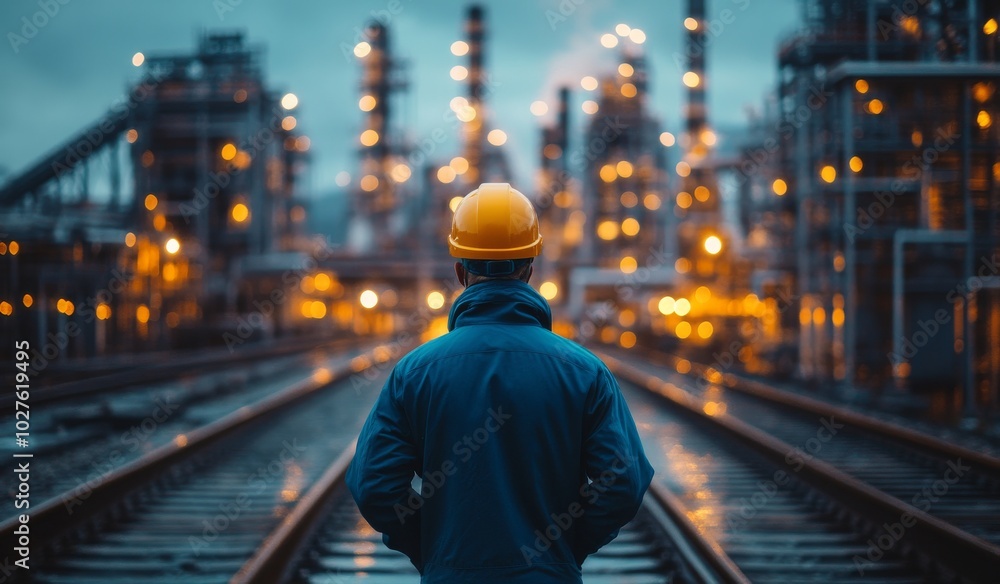 A worker in a yellow hard hat stands on train tracks looking at an industrial facility with glowing lights. A worker in a yellow hard hat stands on train tracks looking at an industrial facility with glowing lights.