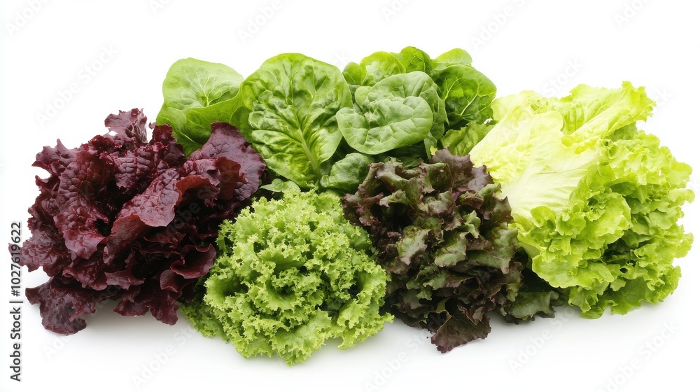 Loose leaf lettuce varieties compared on white background Loose leaf lettuce varieties compared on white background