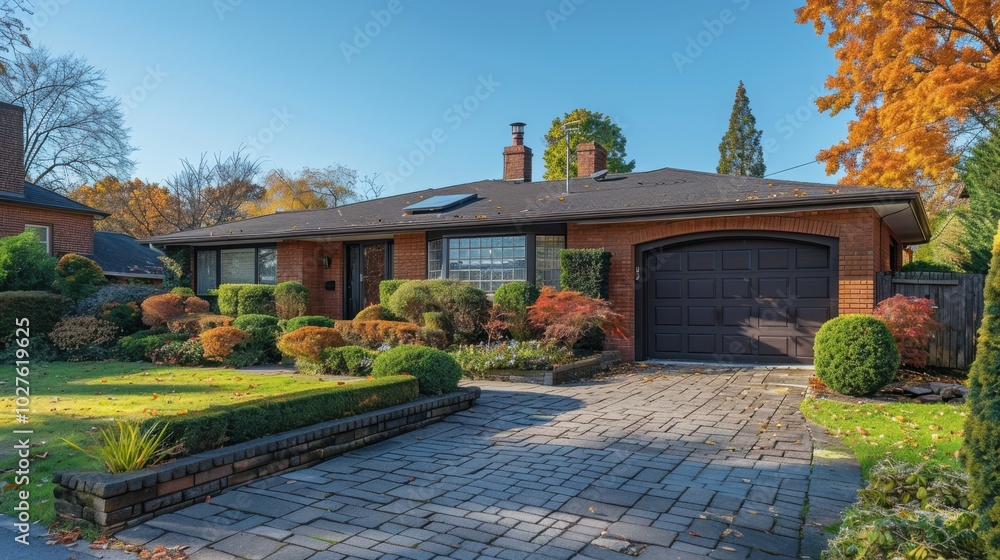 Charming suburban home surrounded by vibrant autumn foliage on a sunny afternoon. Generative AI Charming suburban home surrounded by vibrant autumn foliage on a sunny afternoon. Generative AI