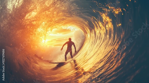 Fototapeta Naklejka Na Ścianę i Meble -  Surfer in barrel of wave glowing with sunset light